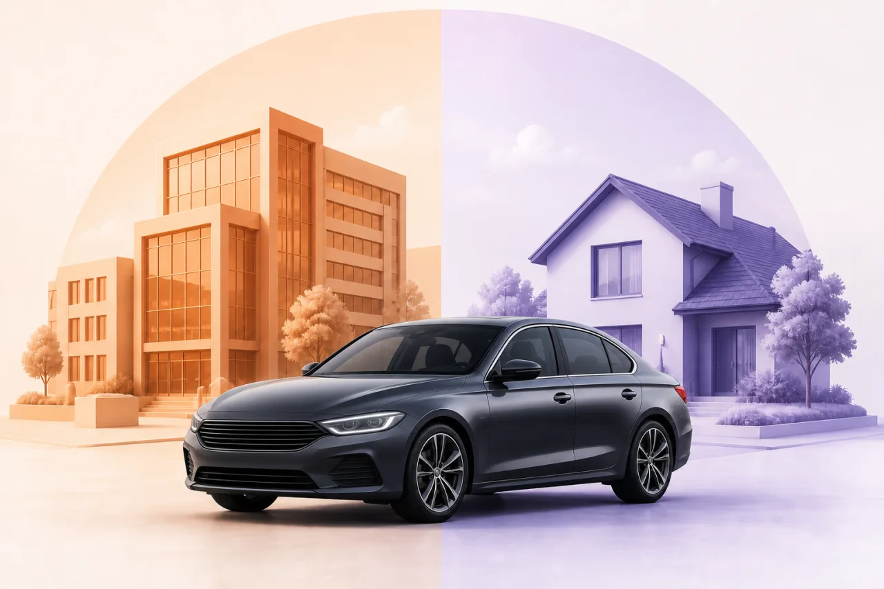 Illustratie van een auto tussen een zakelijke en een privéomgeving.