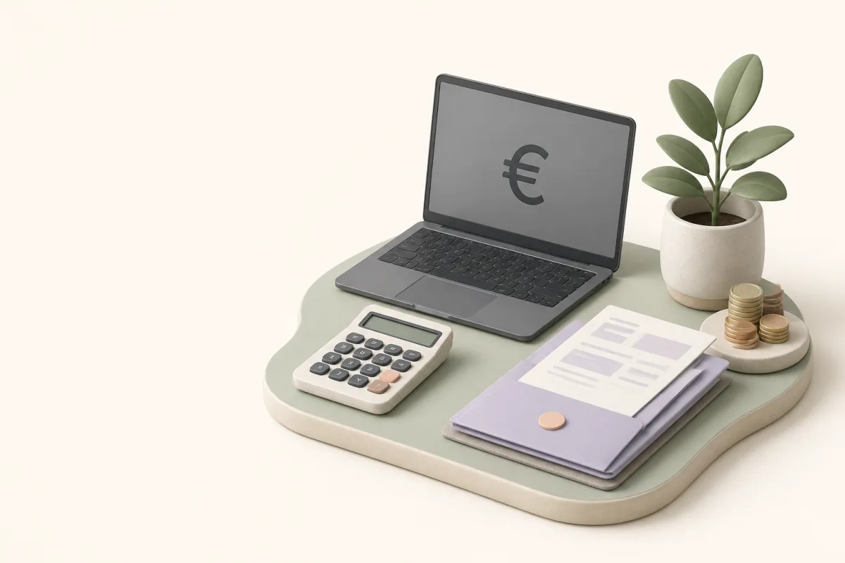 Illustratie van een laptop met euroteken, rekenmachine en boeken.